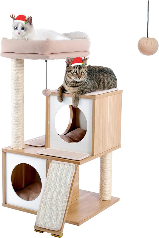 Cat Tree 35 Inches Wooden Cat Tower with Double Condos, Spacious Perch, Fully Wrapped Scratching Sisal Posts and Replaceable Dangling Balls-Walnut