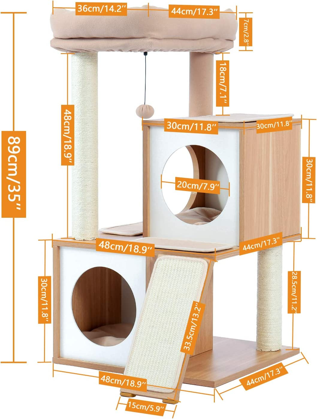 Cat Tree 35 Inches Wooden Cat Tower with Double Condos, Spacious Perch, Fully Wrapped Scratching Sisal Posts and Replaceable Dangling Balls-Walnut