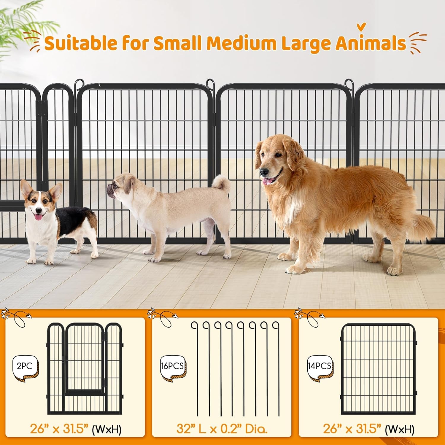 32-Inch Heavy Duty Dog Pen- Foldable Metal 16 Panel Dog Pen Dog Exercise Pen Barrier Kennel Portable Cat Duck Chicken Puppy Fence with Door Outdoor & Indoor Black