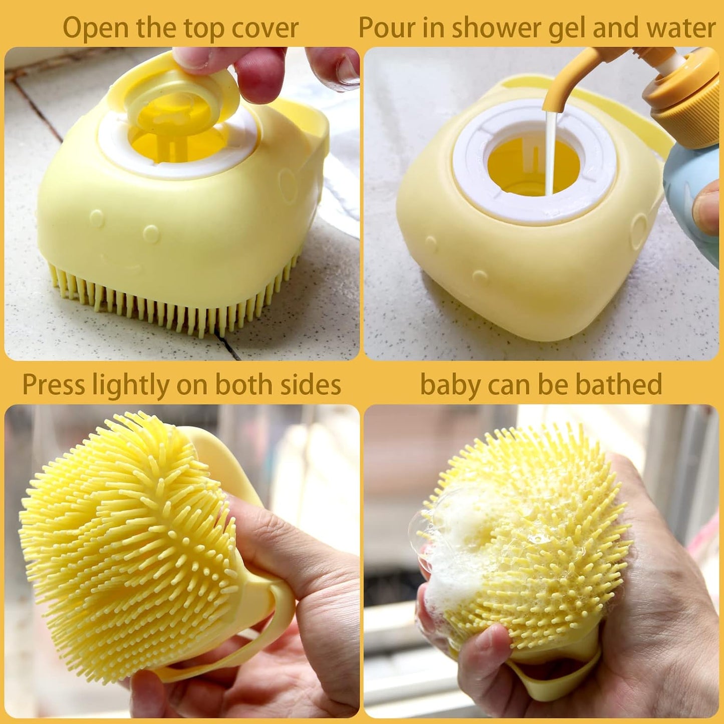 Dog Bath Brush, Pet Massage Brush Shampoo Dispenser, Soft Silicone Brush Rubber Bristle for Dogs and Cats Shower Grooming (Yellow)