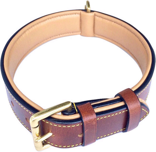 Padded Leather Dog Collar, Large Brown, Real Genuine Leather, 24" Long X 1.5 Wide, Fits Neck Size 18" to 21" Inches