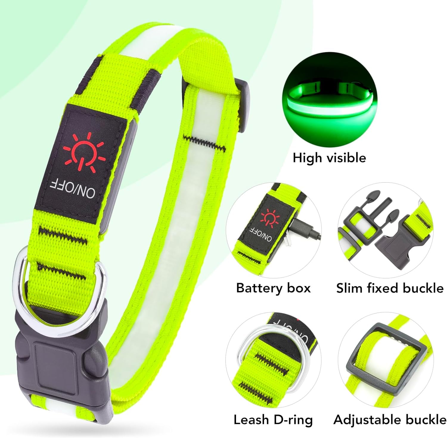 LED Dog Collar, Light up Dog Collar Adjustable USB Rechargeable Super Bright Safety Light Glowing Collars for Dog(Small,Green)